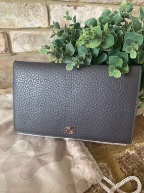 Dagne Dover | Graphite Gray Pebbled Leather Wallet with Rose Gold Logo | NEW